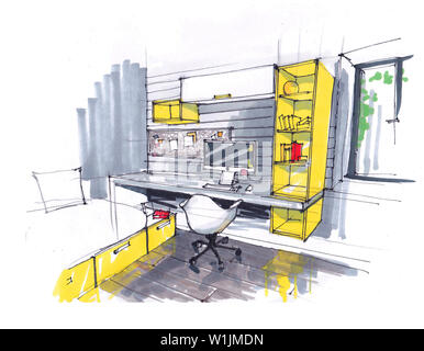 Schizzo dell'interno di un accogliente monolocale, loft in giallo. grandi finestre, sedia in uno stile moderno e multifunzionale Scrivania con scaffali per libri e computer Foto Stock