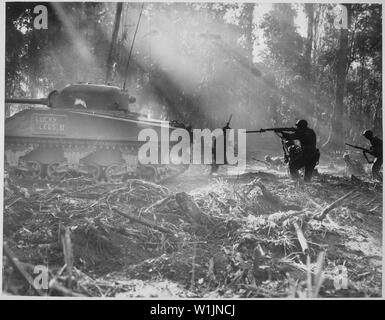 Il mop Yanks fino a Bougainville. Di notte il giapponese sarebbe infiltrato linee americane. All'alba la doughboys uscì e li uccise. Questa foto mostra il serbatoio andando avanti, fanti seguendo il suo coperchio.; Note Generali: Utilizzo di guerra e di conflitto numero 1185 quando si ordina una riproduzione o la richiesta di informazioni su questa immagine. Foto Stock