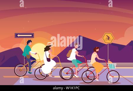 Persone a cavallo in bici sunrise paesaggio con segnaletica per il ciclista illustrazione vettoriale design Illustrazione Vettoriale