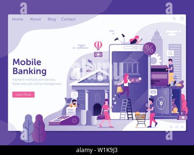 Mobile banking e finanza Landing Page Template Illustrazione Vettoriale