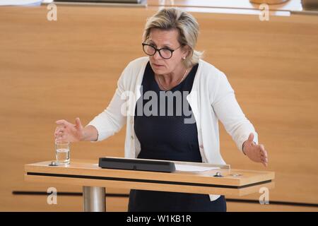 03 luglio 2019, Sassonia, Dresda: Barbara Klepsch (CDU), il ministro degli affari sociali del Land di Sassonia, parla ai membri del Parlamento europeo durante la sessione plenaria del Landtag. Argomenti del meeting includono il miglioramento del benessere degli animali e di una riorganizzazione della protezione delle informazioni in Baviera. Foto: Sebastian Kahnert/dpa-Zentralbild/dpa Foto Stock