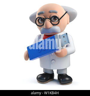 Immagine 3d di uno scienziato pazzo personaggio tenendo un thumb drive usb dispositivo in 3D Foto Stock