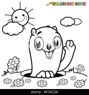Cartoni animati che sbirciano da un buco nel terreno. Personaggio dei cartoni animati. Pagina da colorare in bianco e nero. Foto Stock