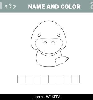 Il nome ed il colore - Foglio di lavoro per i bambini. Gioco educativo per bambini in età prescolare. Cruciverba - anatra. Illustrazione Vettoriale