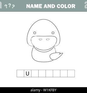 Il nome ed il colore - Foglio di lavoro per i bambini. Gioco educativo per bambini in età prescolare. Cruciverba - anatra. Illustrazione Vettoriale