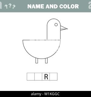 Il nome ed il colore - Foglio di lavoro per i bambini. Gioco educativo per bambini in età prescolare. Cruciverba - Bird. Illustrazione Vettoriale