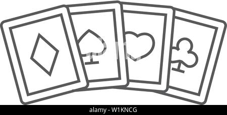 Carte da gioco icona nel contorno sottile stile. Gioco d'azzardo set per il tempo libero a forcella a forma di cuore ace Illustrazione Vettoriale