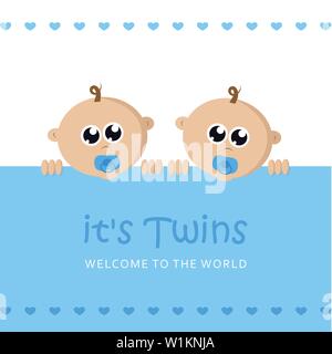 Il suo ragazzo twins benvenuto biglietto di auguri per il parto con il bambino faccia illustrazione vettoriale EPS10 Illustrazione Vettoriale