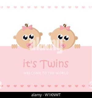 I suoi gemelli ragazza benvenuto biglietto di auguri per il parto con il bambino faccia illustrazione vettoriale EPS10 Illustrazione Vettoriale