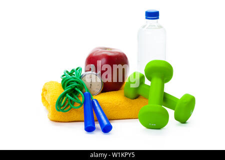 Attrezzature per il fitness. Cibo sano. manubri Foto Stock