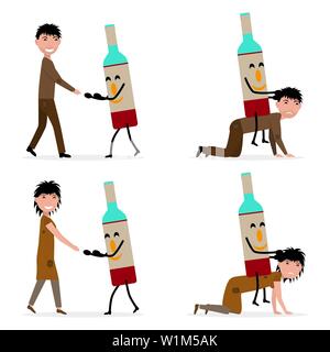 Bottiglia di alcool rende schiavo di un uomo e di una donna Illustrazione Vettoriale