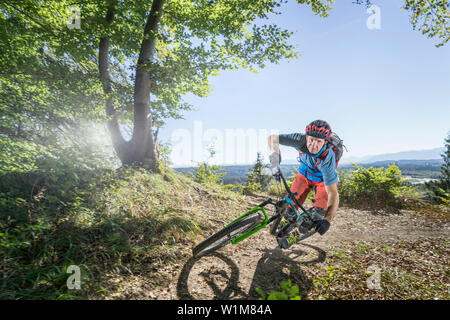 Mountain biker di equitazione in foresta, Baviera, Germania Foto Stock