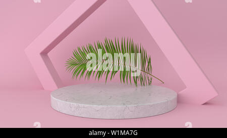 3D render di astratta della piattaforma con palm lasciare. Figure geometriche in moderno design minimale. Simulazione realistica per la visualizzazione del prodotto Foto Stock