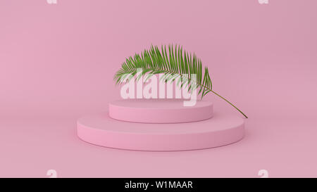 3D render di astratta della piattaforma con palm lasciare. Figure geometriche in moderno design minimale. Simulazione realistica per la visualizzazione del prodotto Foto Stock