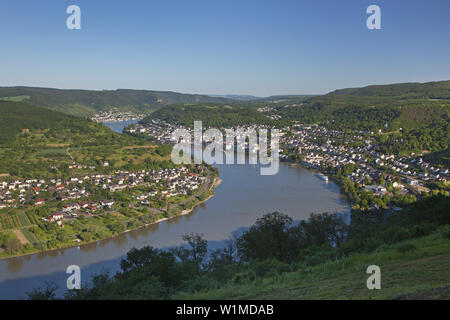 Vista l'ansa del Reno vicino a Boppard, Valle del Reno superiore e centrale, Rheinland-Palatinate, Germania, Europa Foto Stock