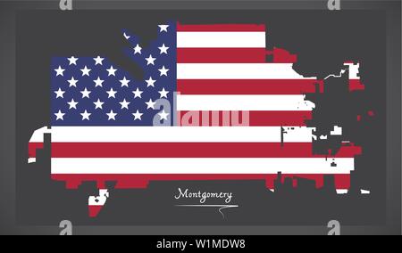 Montgomery in Alabama mappa della città con American bandiera nazionale illustrazione Illustrazione Vettoriale