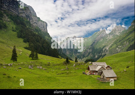 Alp con capanna alpina a Seealpsee, Alpsteingebirge, Saentis, Appenzeller Land, Svizzera, Europa Foto Stock