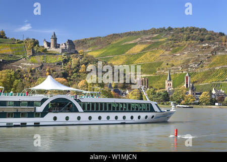 Nave sul Reno a Bacharach e Burg Castello Stahleck in background, Valle del Reno superiore e centrale, Rheinland-Palatinate, Germania, Europa Foto Stock