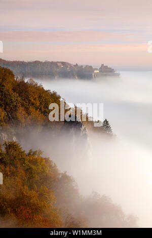 Nebbia nella valle del fiume Danubio, vista al castello di Werenwag, Danubio superiore Natura Park, Baden-Wuerttemberg, Germania Foto Stock