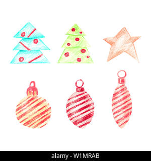 Set color pastello con alberi di Natale e giocattoli. Una raccolta di 3 albero di Natale decorazioni con strisce diagonali, una stella e due alberi di Natale. Isolat Foto Stock