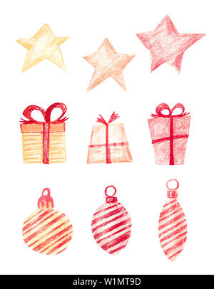 Set di regali di Natale, stelle e decorazioni di Natale. Scatole di festa nella carta di avvolgimento con nastri di colore rosso. Stelle rosso, giallo e arancione. Natale bal Foto Stock