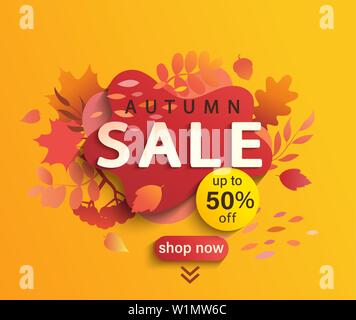 Vendita autunnale banner, caduta stagione sconto poster con la caduta di foglie e di ombra di Rowan e acorn, 50% prezzo off per lo shopping promozioni,stampe Illustrazione Vettoriale