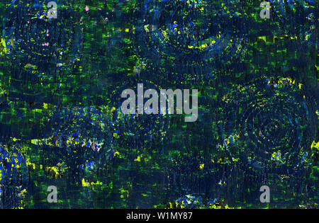 Abstract sfondo blu scuro. Grunge texture con graffi, punti e linee, cerchi concentrici. Blu, nero, verde, giallo tratti e macchie. Textu Foto Stock