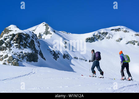 Due indietro-paese sciatori salendo al Piz Lagrev, Oberhalbstein Alpi, Engadina, Cantone dei Grigioni, Svizzera Foto Stock