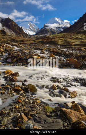 High Camp, il Campo Base del 4900 m accanto al flusso Labse Khola sul modo da Nar su Teri Tal a Mustang con vedute di Khumjungar Himal sinistra (6759 m Foto Stock