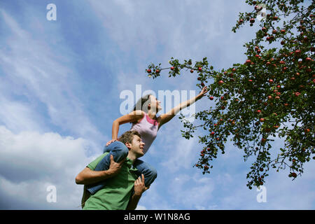 Donna Uomo di spalle, per raggiungere un apple, Stiria, Austria Foto Stock