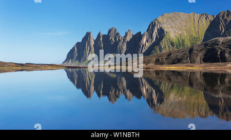 Okshornan picchi di roccia al Ersfjordr nella Norvegia del nord con la sua riflessione in estate, Senja, Troms Fylke, Norvegia e Scandinavia Foto Stock