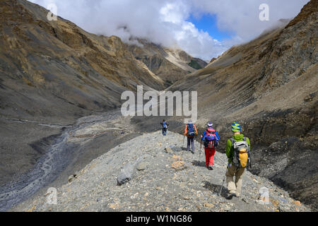 Quattro gli escursionisti, trekking nella valle di yak Kohla sul loro modo da Nar su Teri Tal a Mustang, Nepal, Himalaya, Asia Foto Stock