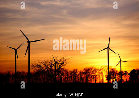 Parco eolico al tramonto, Wittstock, Meclemburgo-Pomerania, Germania Foto Stock