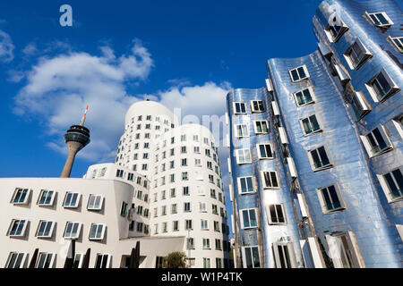 Televison tower e Neuer Zollhof (architetto: F.O. Gehry), Medienhafen, Duesseldorf, nella Renania settentrionale-Vestfalia, Germania Foto Stock