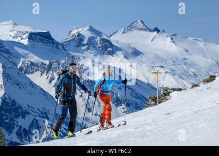 L uomo e la donna backcountry-sci salendo verso Rastkogel, Alpi della Zillertal in background, Rastkogel, Alpi di Tux, Tirolo, Austria Foto Stock