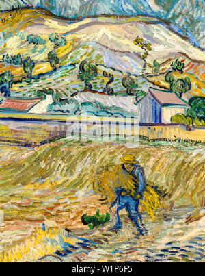 Vincent Van Gogh, racchiuso Campo di grano con contadino, la pittura di paesaggio di dettaglio, 1889 Foto Stock