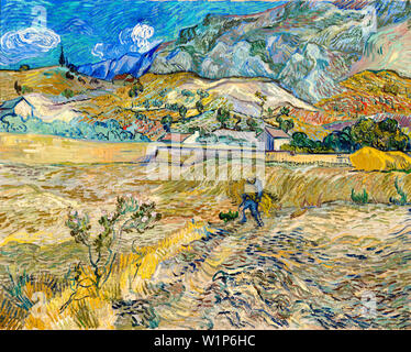 Vincent Van Gogh, racchiuso Campo di grano con contadino, la pittura di paesaggio, 1889 Foto Stock