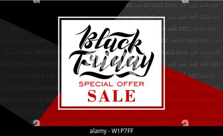 Manoscritte spazzola moderno lettering per venerdì nero la vendita su un rosso e sfondo nero. Cool logo per banner, flyer, etichetta, poster. Illustrazione Vettoriale