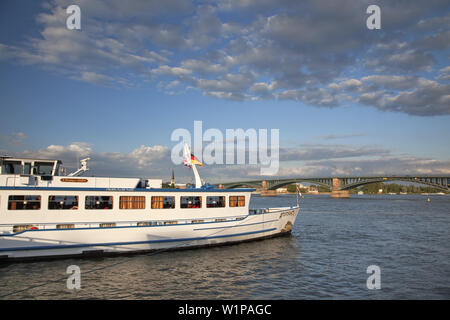 Barca sul fiume Reno di fronte Theodor-Heuss-ponte che collega Wiesbaden e Magonza, Renania-Palatinato, Germania, Europa Foto Stock