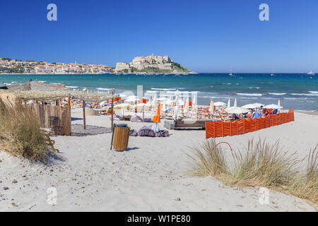 Vista dalla spiaggia alla cittadella di Calvi, in Corsica, Francia meridionale, Francia, Europa meridionale Foto Stock