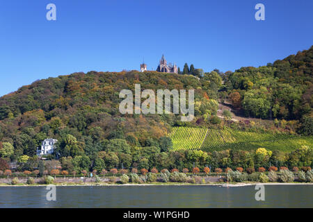 Vista sul fiume Reno del castello Drachenburg sul Drachenfels, da Bonn Mehlem, Valle del Medio Reno, Renania settentrionale-Vestfalia, Germania, Europa Foto Stock