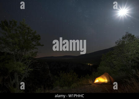 Camping, cercando fino a un cielo stellato, la Via Lattea, Verdon Gorge, Route des Cretes, Vosges, Provence-Alpes-Côte d'Azur, in Francia Foto Stock