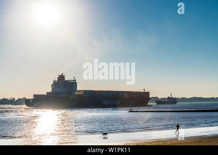 Donna con cane, a piedi, Elba beach, Rissener Ufer, Amburgo, Germania Foto Stock