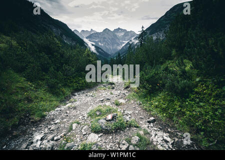 Sentiero di montagna direzione Memminger Hütte, E5, Alpenüberquerung, seconda fase, Lechtal, Kemptner Hütte a Memminger Hütte, Tirolo, Austria, Alpi Foto Stock