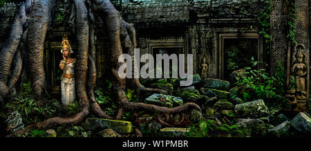 Ballerino di danza Apsara all'interno di Ta Prohm tempio di notte, Angkor, Siem Raep, Cambogia, Asia Foto Stock