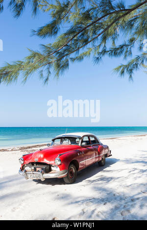 Oldtimer rosso sulla spiaggia di Cayo Jutias, vacanza in spiaggia, solitaria spiaggia da sogno, piccola e bella spiaggia di sabbia, mare blu turchese, Palm tree, viaggi in famiglia Foto Stock