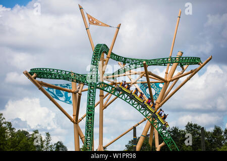 Ad alta velocità a un brivido sul Cheetah Hunt rollercoaster ride attrazione a Busch Gardens Tampa Bay theme park, Tampa, Florida, Stati Uniti d'America Foto Stock