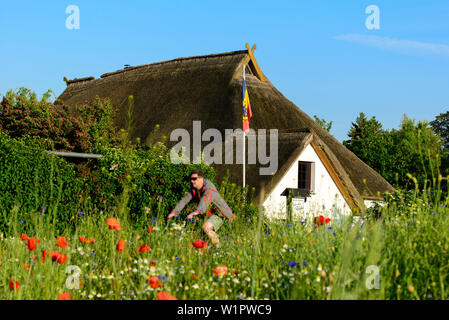 Flower prato con ciclista in Ahrenshoop, Fischland, Ostseeküste, Meclemburgo-Pomerania Ostseeküste, Germania Foto Stock