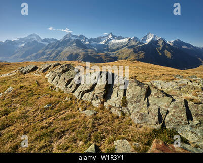 Dent Blanche, Ober Gabelhorn, Zinalrothorn, il Weisshorn, Zermatt, Vallese, Svizzera Foto Stock