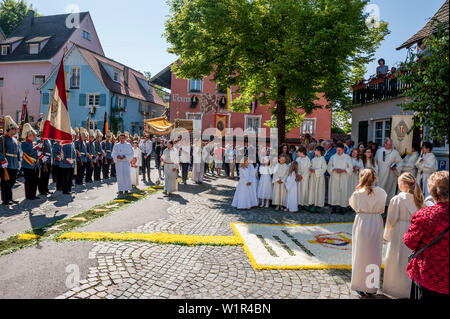 Il Corpus Domini, la festa della processione del Corpus Domini, tappeto di fiori, Sipplingen, Lago di Costanza, Baden-Wuerttemberg, Germania, Europa Foto Stock